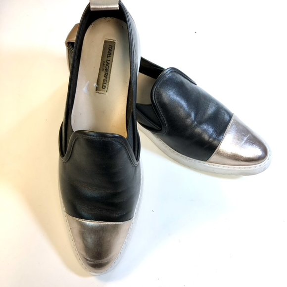Women Karl Lagerfeld sz 8,5 leather slip on color block black/gold - Picture 6 of 6